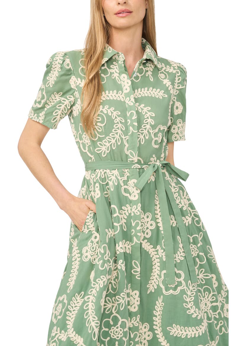 Camile Embroidered Tie Waist Midi Shirtdress