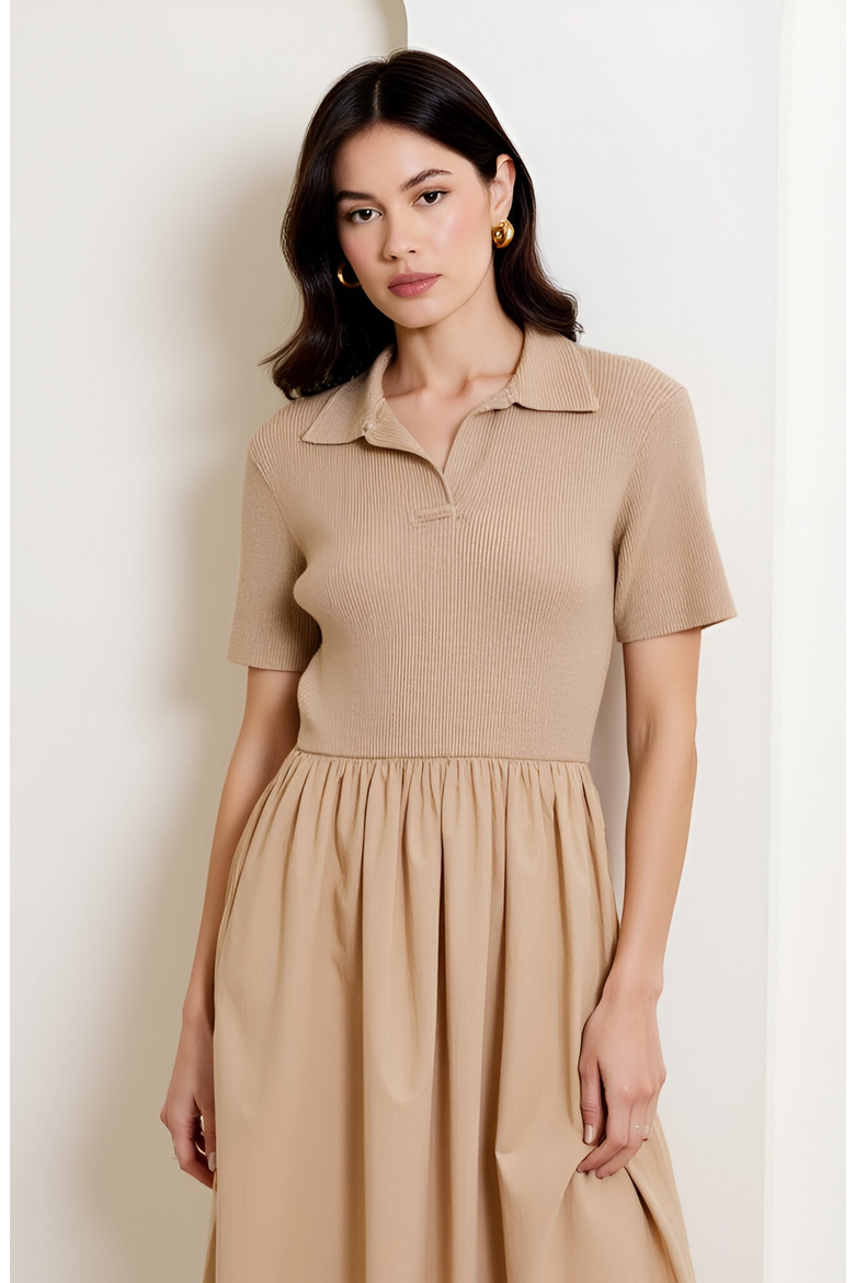 Polo Collar Short-Sleeve Gathered A-Line Midi Sweater Dress