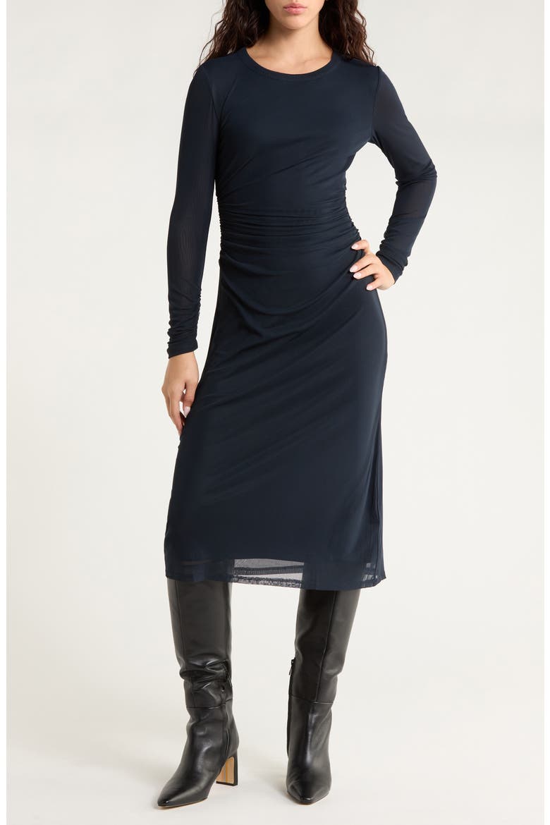 Long Sleeve Ruched Mesh Midi Dress