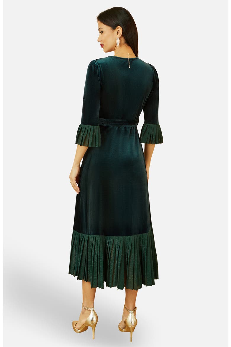 Velvet Midi Pleat Detail Wrap Dress
