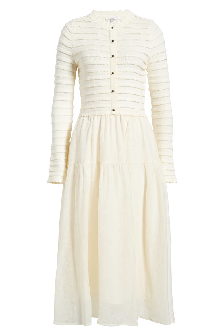 Mixed Media Long Sleeve Scallop Stitch Tiered Midi Dress