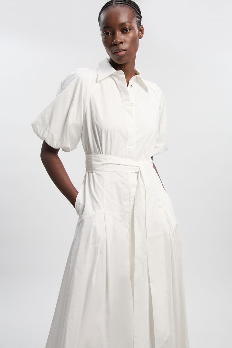 Cotton Puff Sleeve Midi Shirt Dress