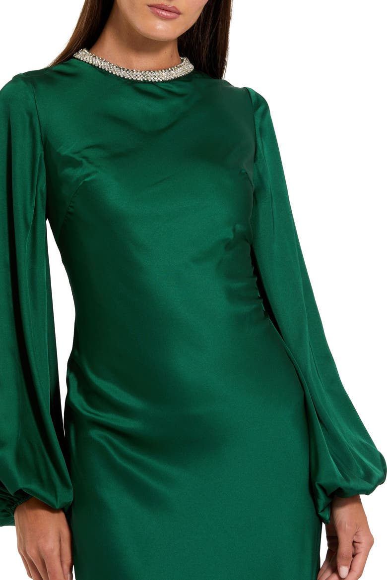 Beaded High Neck Bishop Sleeve Satin Gown
