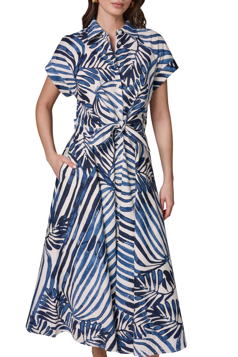 Tie Waist Short Sleeve Stretch Cotton Midi Shirtdress