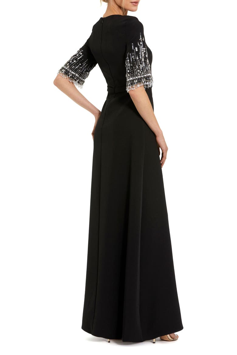 Petite Crepe A Line Gown With Beaded 3/4 Sleeves