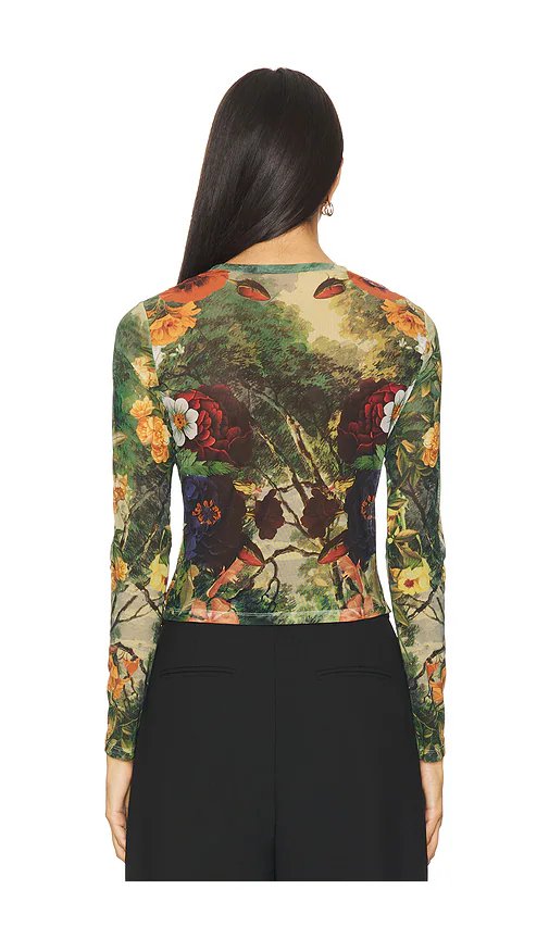 Alice + Olivia Delaina Printed Mesh Long Sleeve Crop Top in Forbidden Forest - Image 3