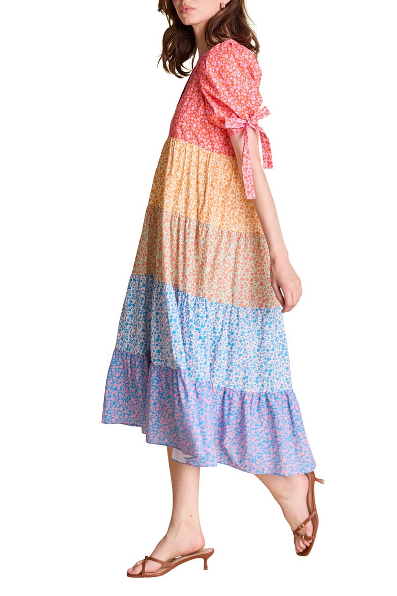 Floral Colorblock Tiered Cotton Midi Dress