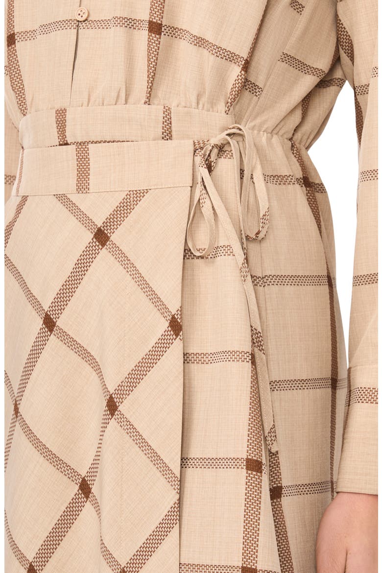 Windowpane Plaid Long Sleeve Wrap Skirt Shirtdress