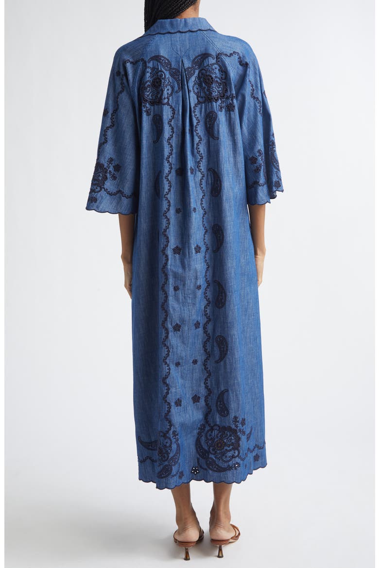Aster Paisley Embroidered Denim Midi Dress