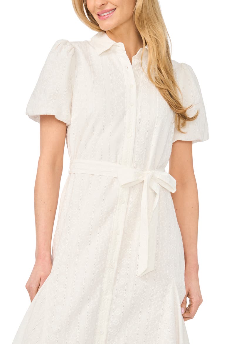 Embroidered Puff Sleeve Cotton Button-Up Shirtdress