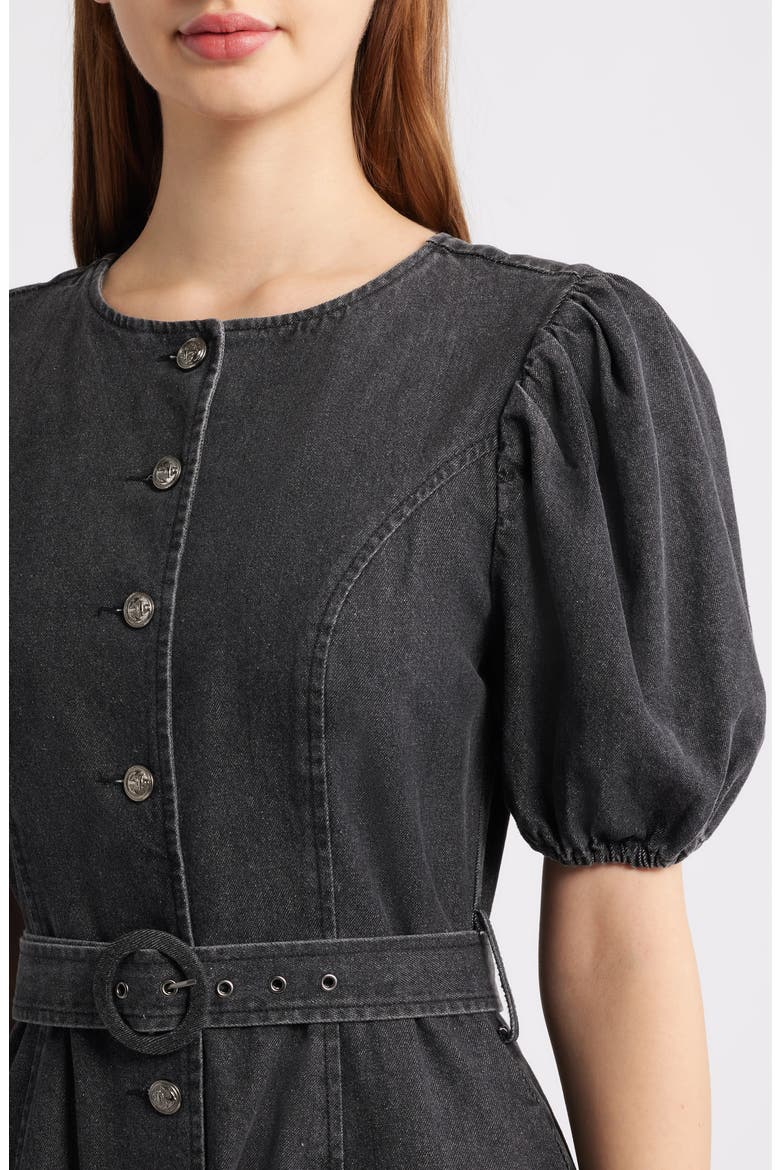 Puff Sleeve Belted Cotton Blend Denim Shirtdress