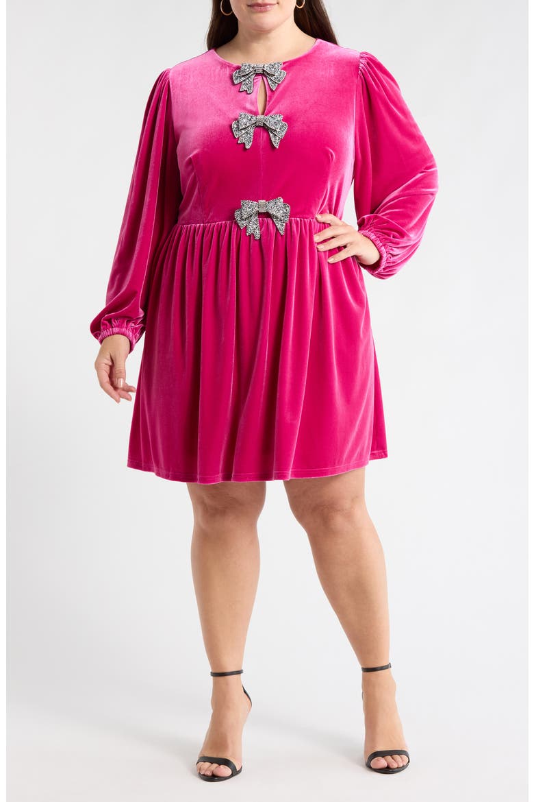 Glow Bow Velvet Long Sleeve Dress