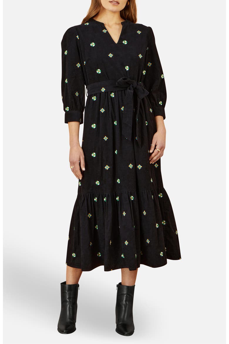 Flower Embroidery Midi Cord Dress