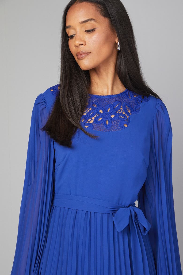 Pleated Floral Trim Midi Dress