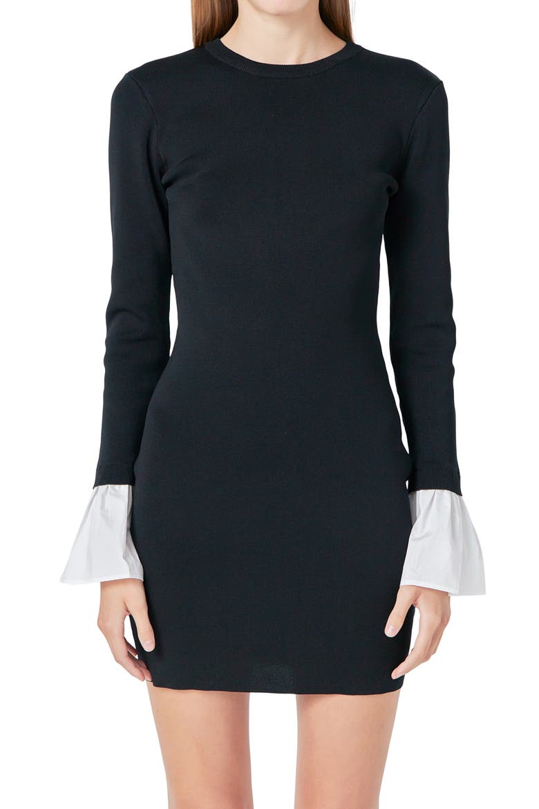 Contrast Cuff Long Sleeve Mini Sweater Dress