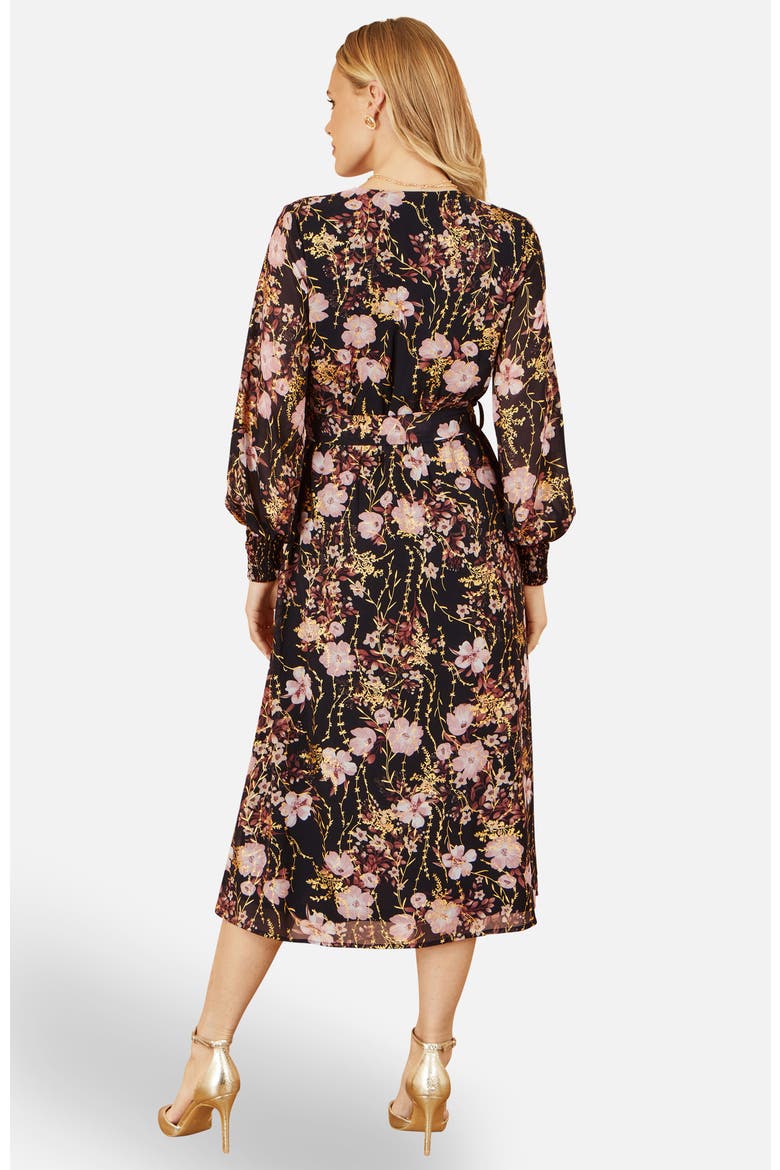 Foiled Floral Print Wrap Midi Dress