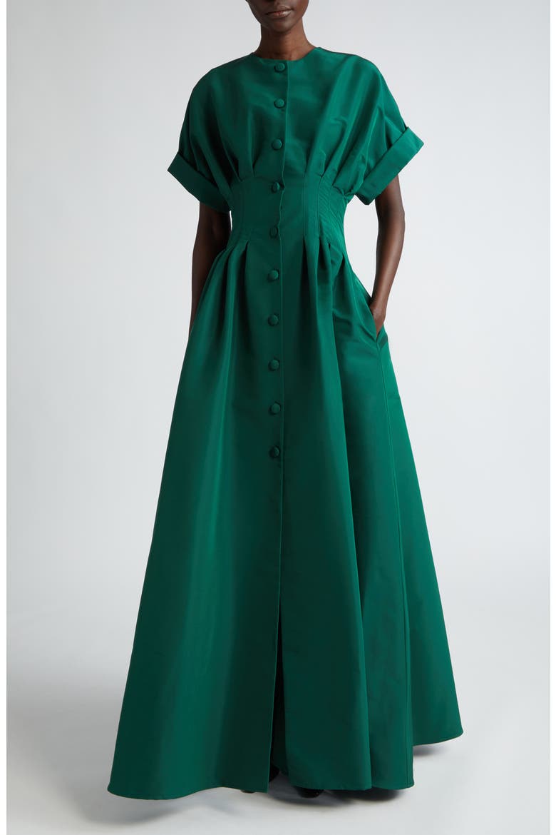 Cuffed Short Sleeve Button Front Silk Faille Gown