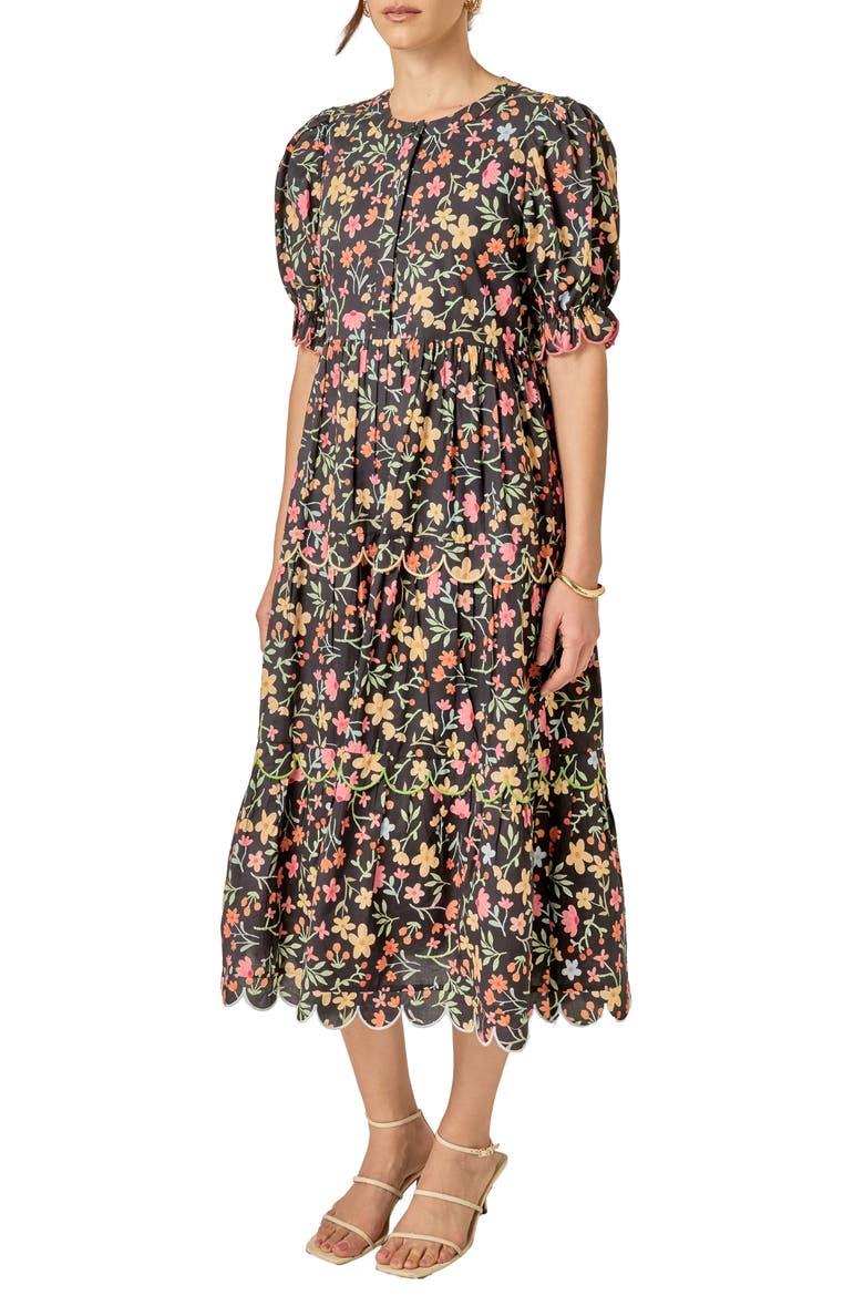 Scallop Edge Floral Print Midi Dress