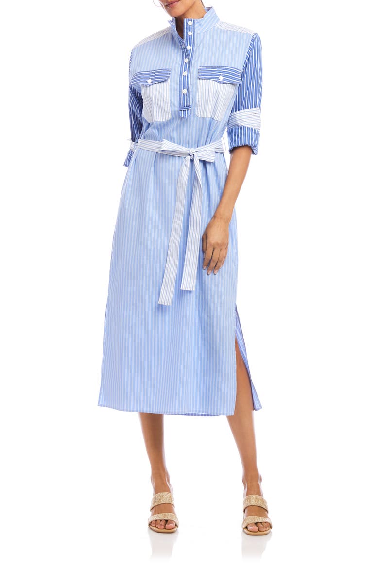 Mixed Stripe Belted Long Sleeve Shirtdress