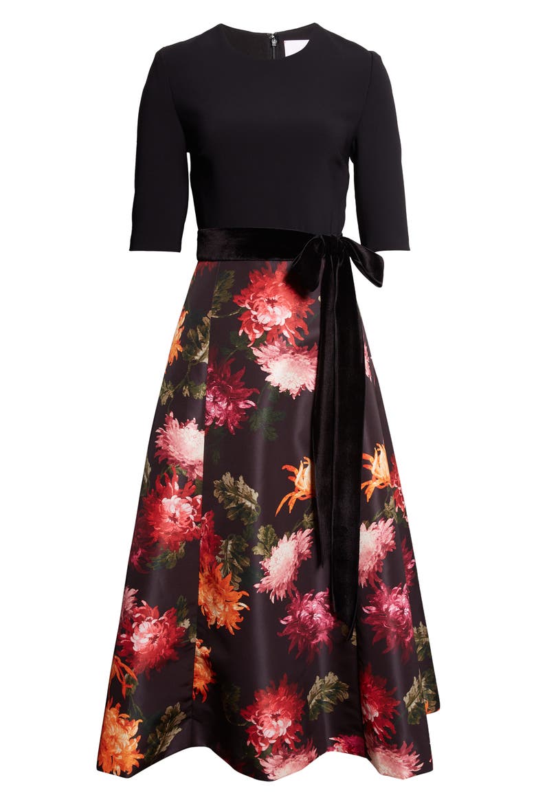 Chrysanthemum Print Crepe, Velvet & Faille Fit & Flare Midi Dress
