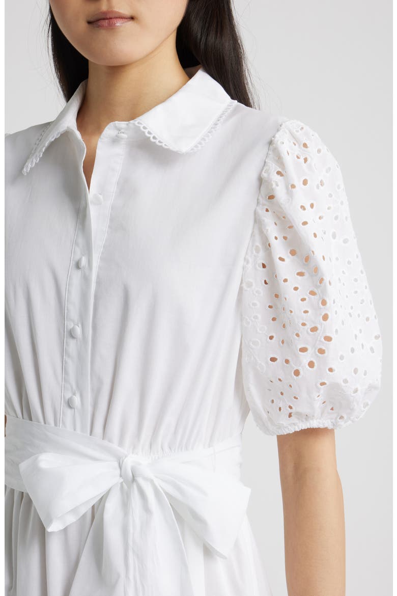 Eyelet Tie Waist Puff Sleeve Midi Dress