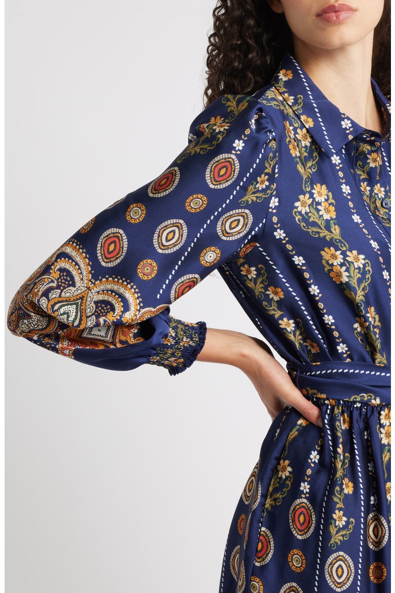 Medallion Print Long Sleeve Tie Waist Shirtdress