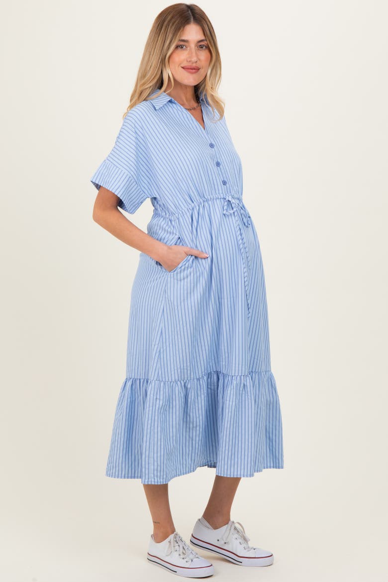 Blue Striped Button Collared Midi Dress