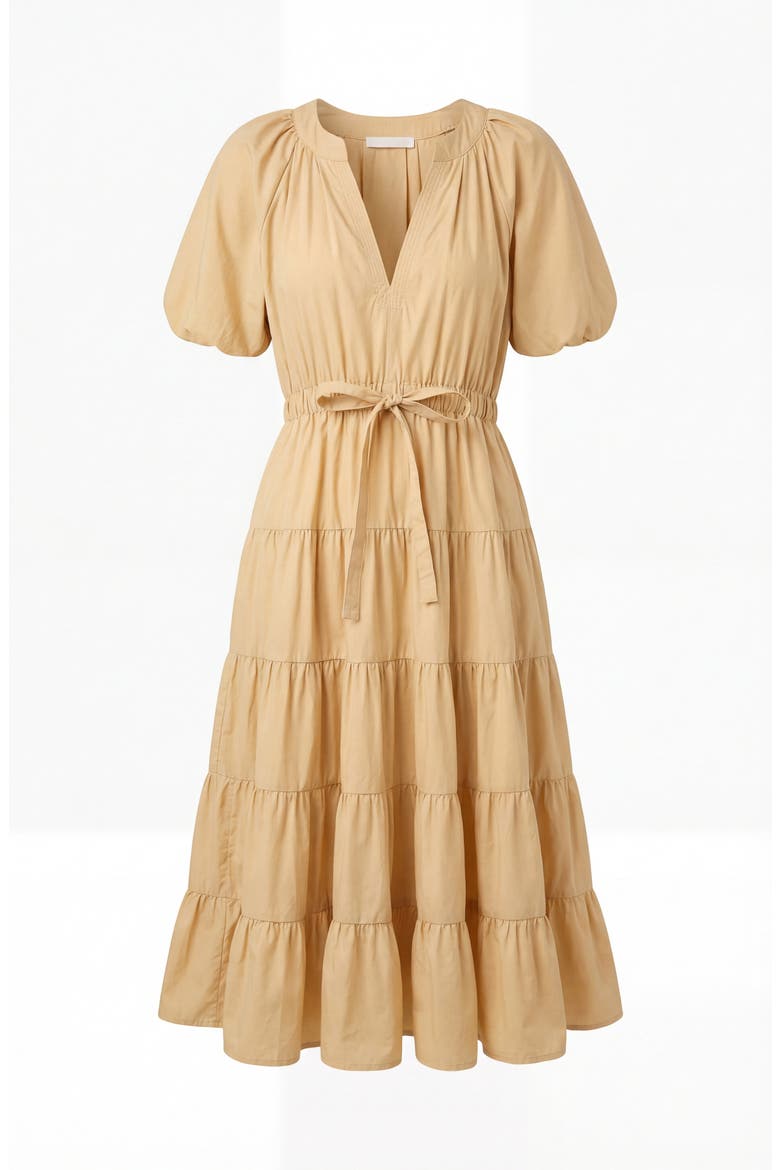 Tiered Puff Sleeve Tie Waist Midi Dress