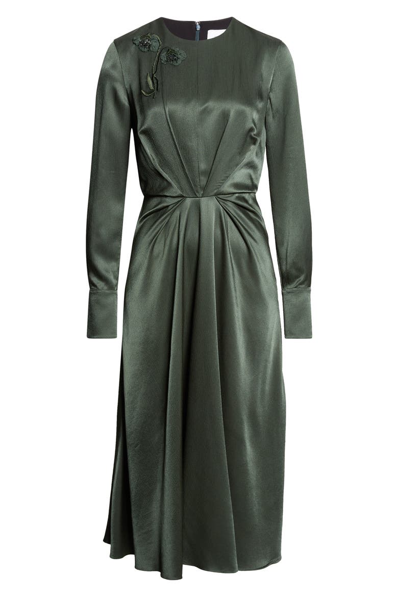 Embroidered Long Sleeve Satin Seersucker Midi Dress