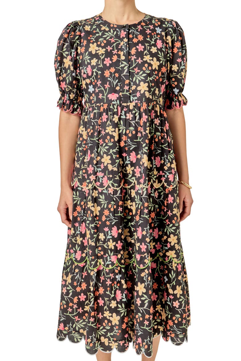 Scallop Edge Floral Print Midi Dress