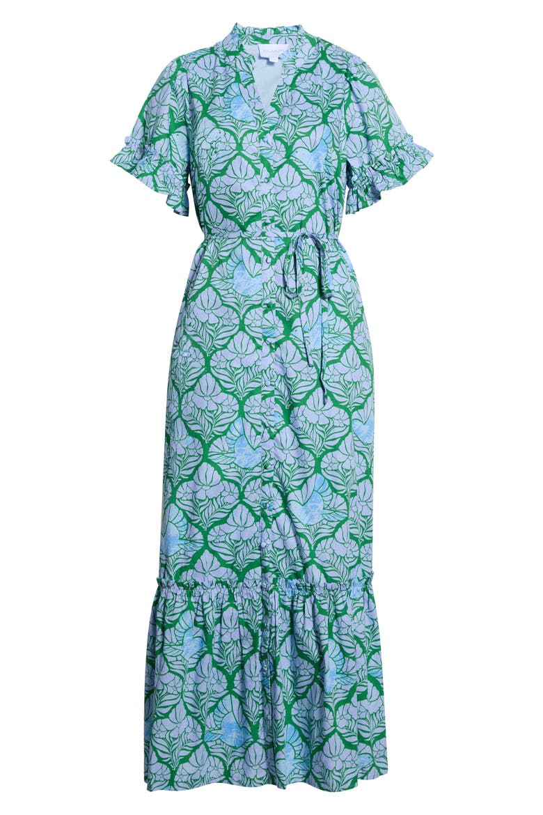Alna Floral Ruffle Trim Button-Up Midi Dress