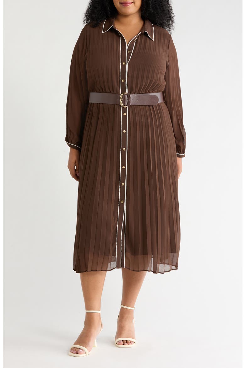 Piping Plissé Button-Up Midi Shirtdress
