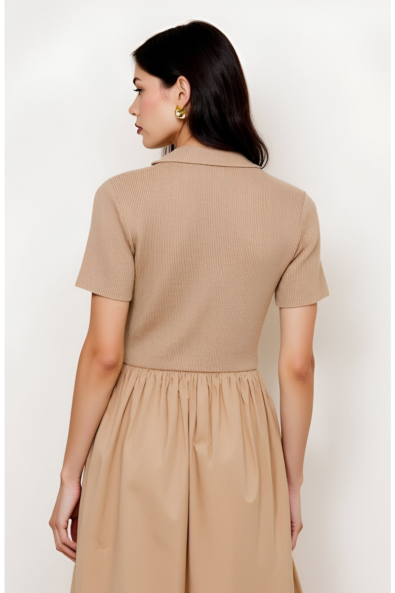 Polo Collar Short-Sleeve Gathered A-Line Midi Sweater Dress