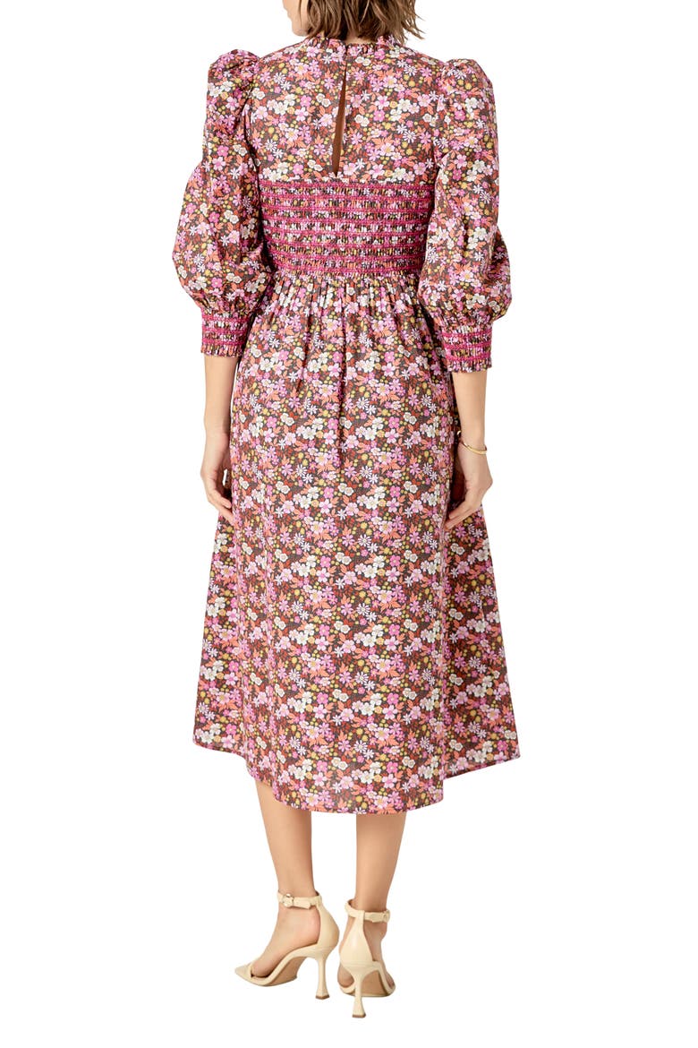 Floral Smock Bodice Midi Dress