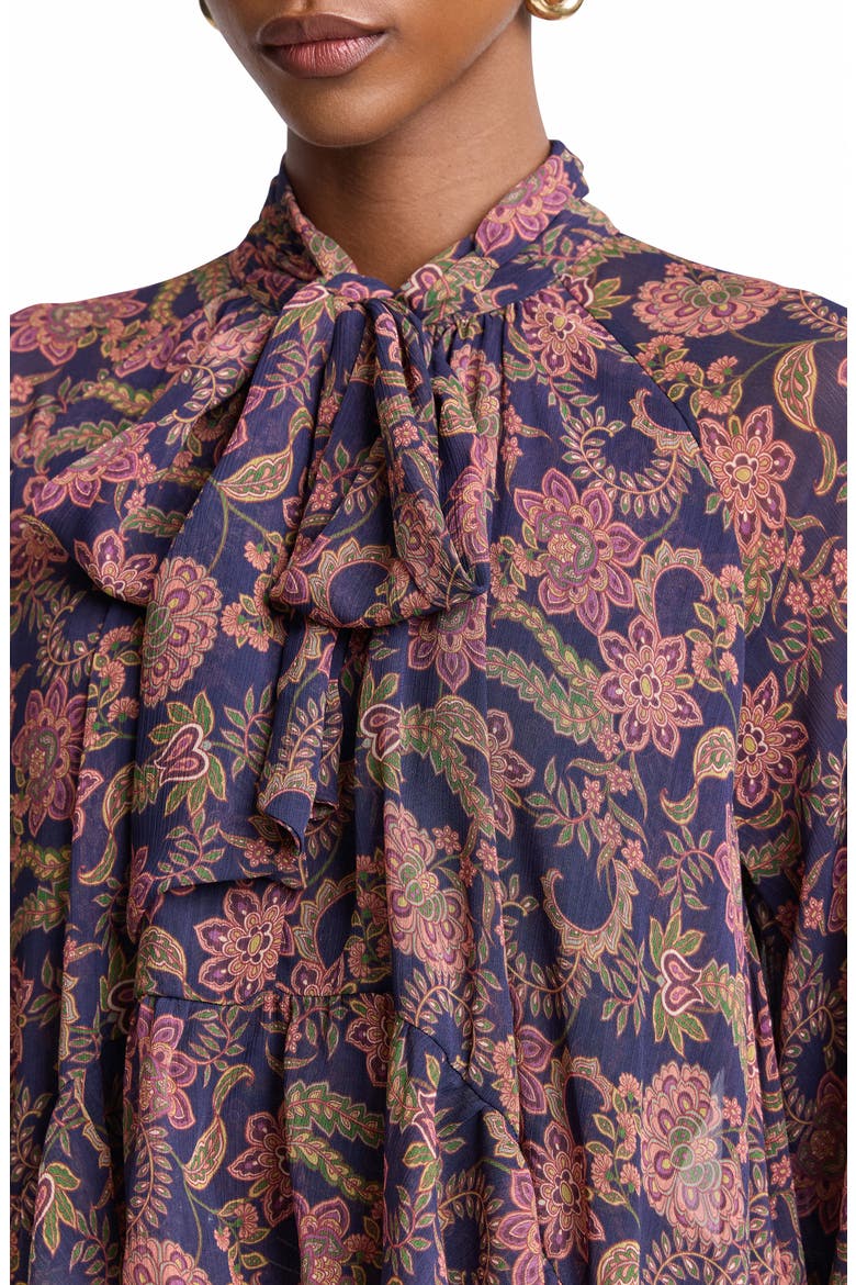 Paisley Print Long Sleeve Chiffon Tie Neck Dress