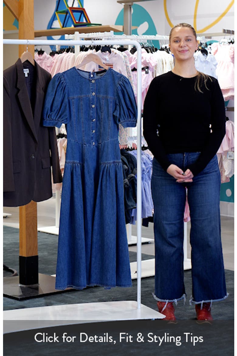 Cotton Blend Puff Sleeve Denim Midi Dress
