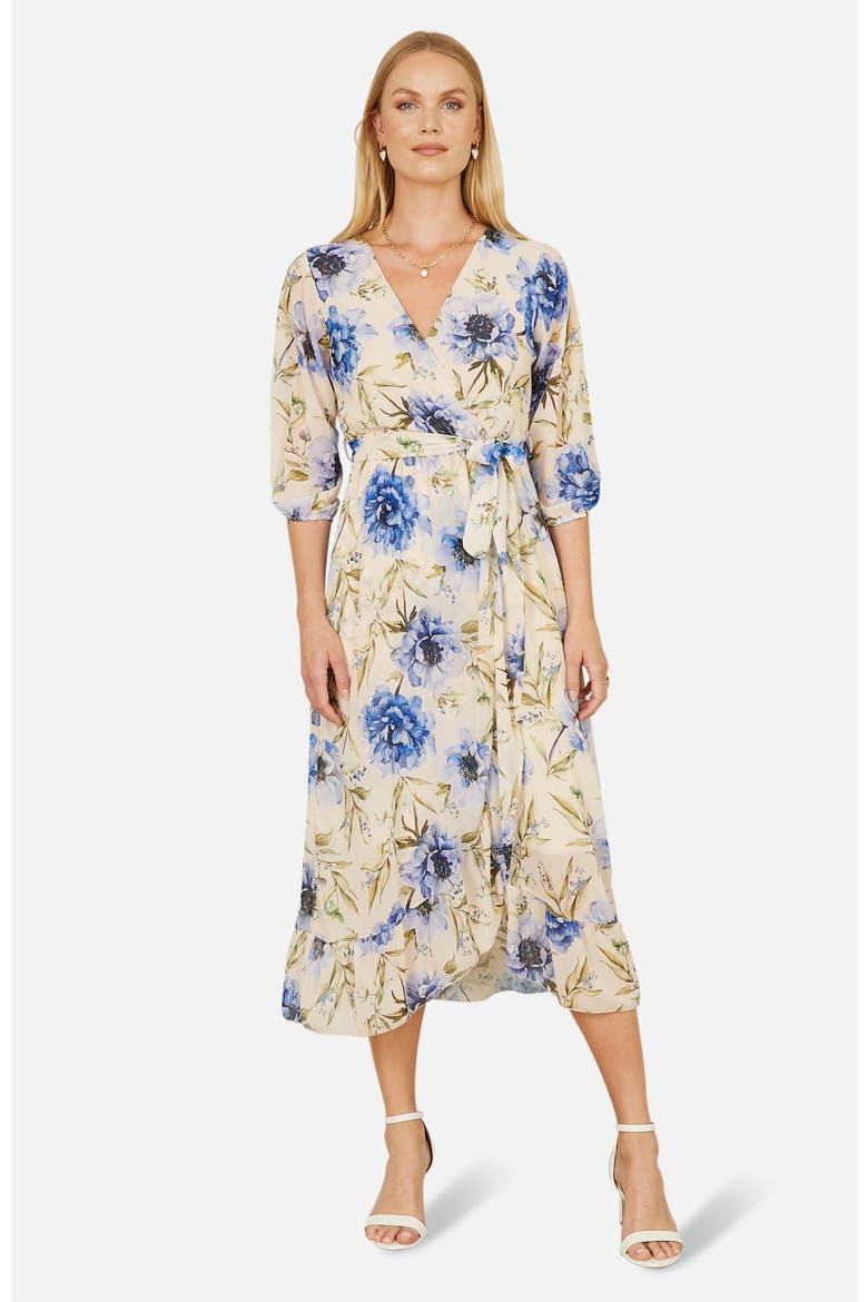 3/4 Sleeve V-Neck Wrap Midi Dress