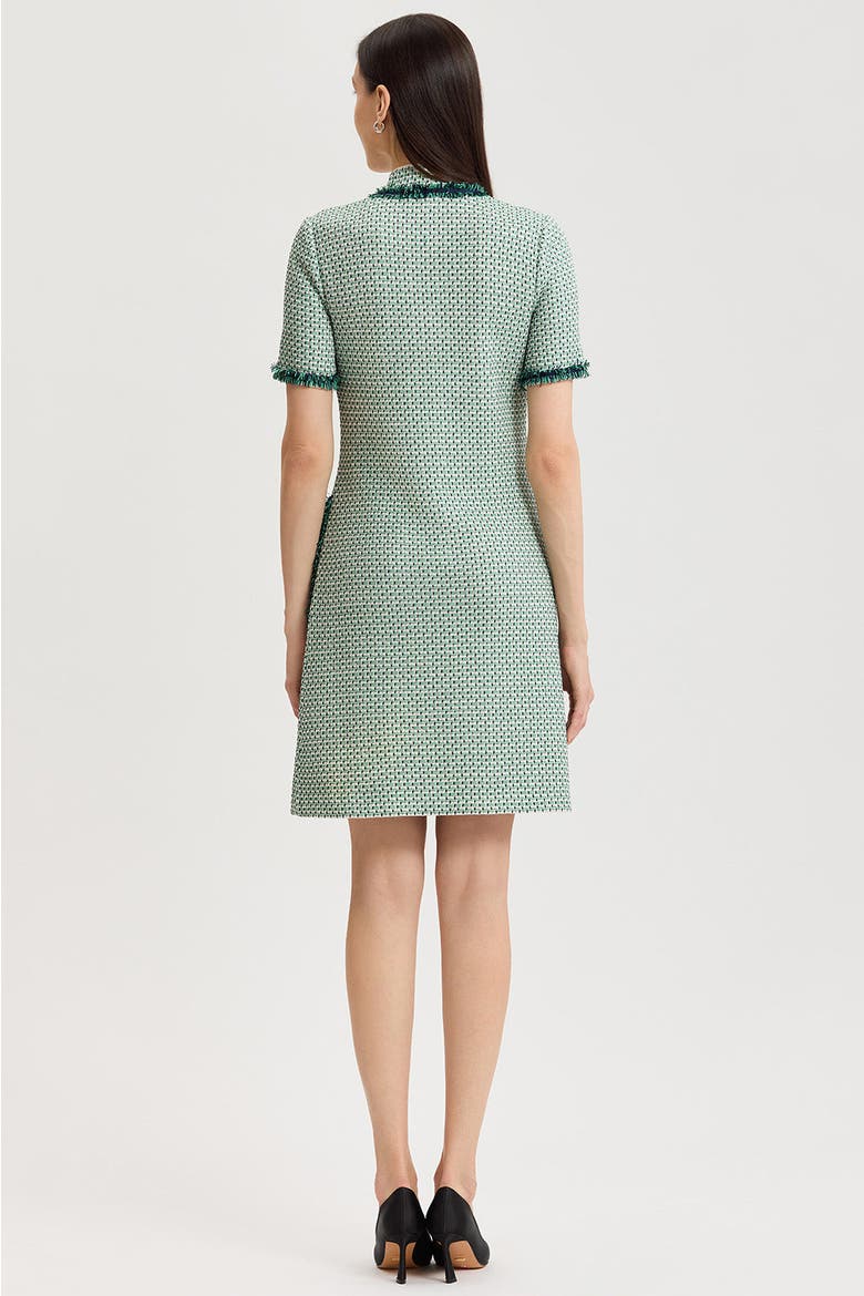 Fringe Trim Jacquard Basketweave Knit Sheath Dress