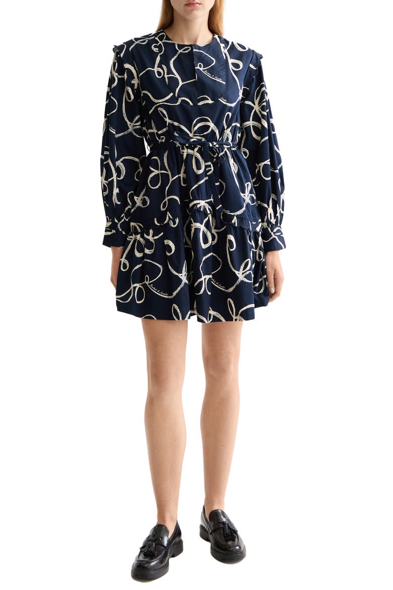 Scallop Trim Long Sleeve Cotton Minidress