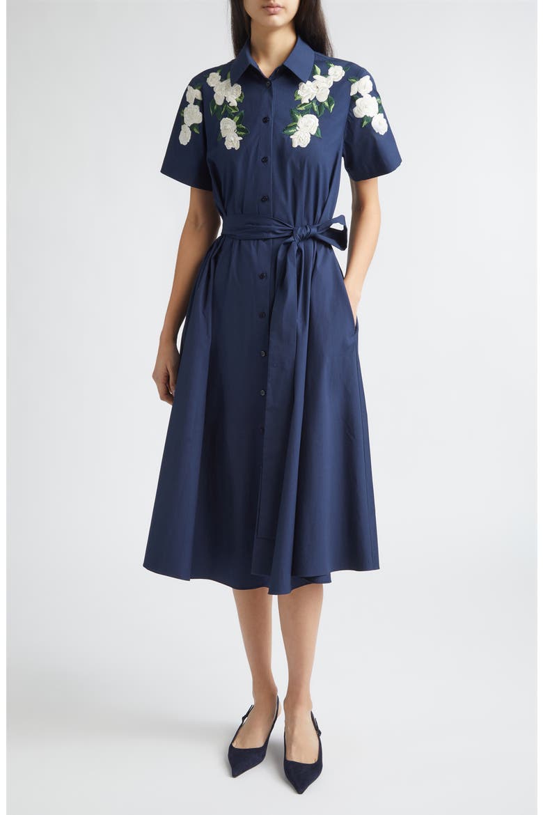 Floral Embroidered Midi Stretch Cotton Shirtdress