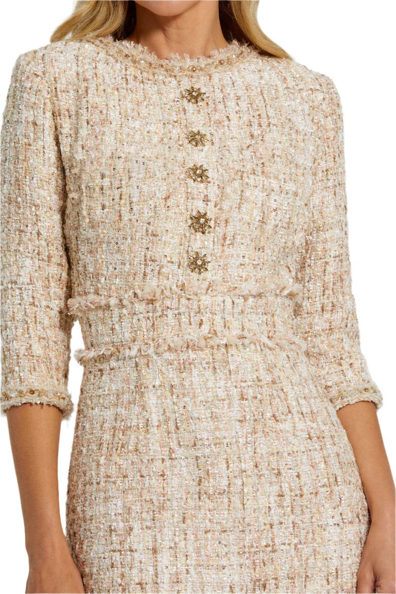 High neck 3/4 Sleeve Beaded Trim Midi Dress