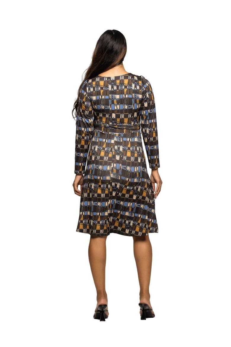 Long Sleeve Wrap Dress with Belt in Geometric Print