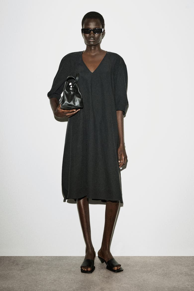 Rounded V-Neck Cotton Midi Dress