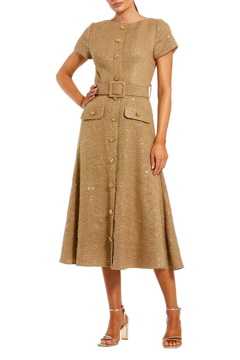 Boucle Cap Sleeve High Neck Button Up Midi Dress