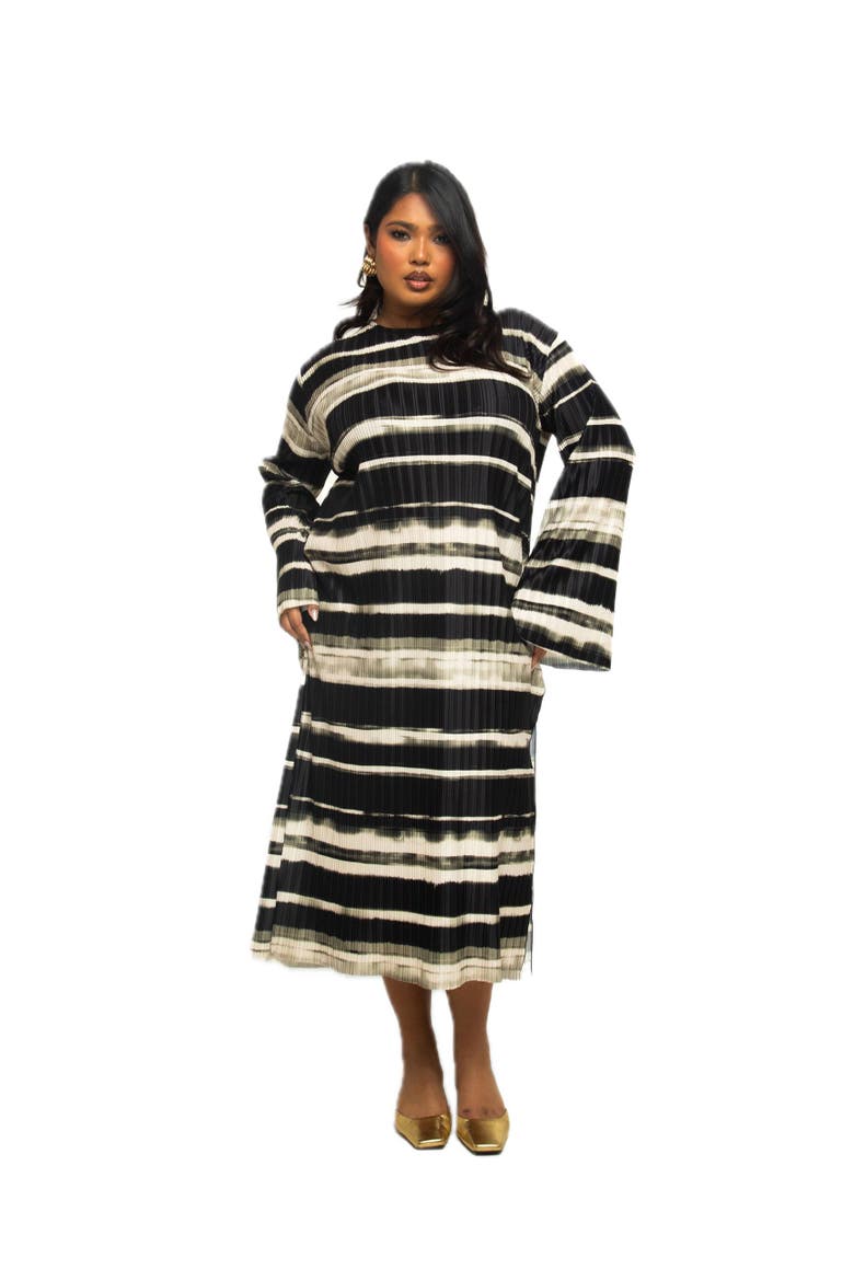 Long Sleeved Striped Plisse Midi Dress