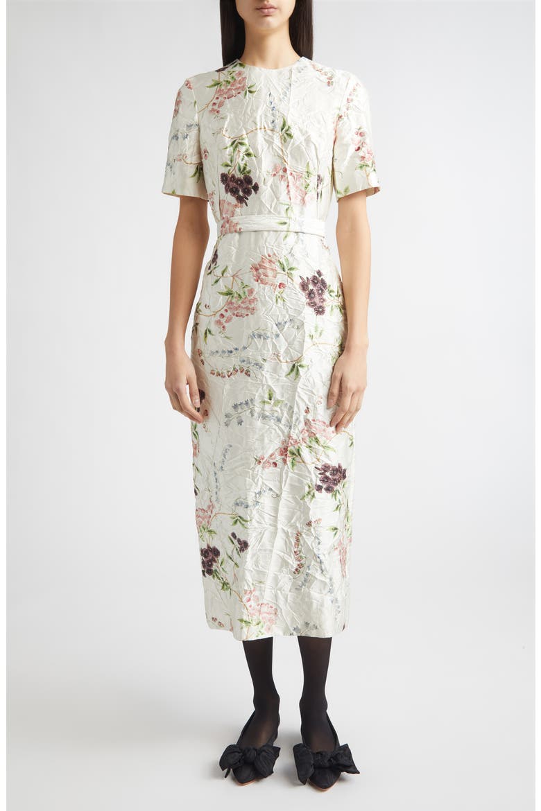 Floral Print Textured Satin Midi Pencil Dress