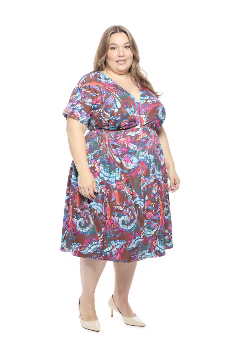 Plus Size Abstract V-Neck Dolman Sleeve Twist Front A-Line Midi Dress