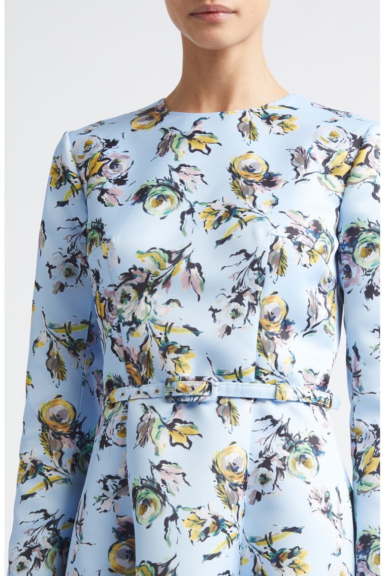 Capucine Floral Long Sleeve Belted Genzianella Sateen Midi Dress