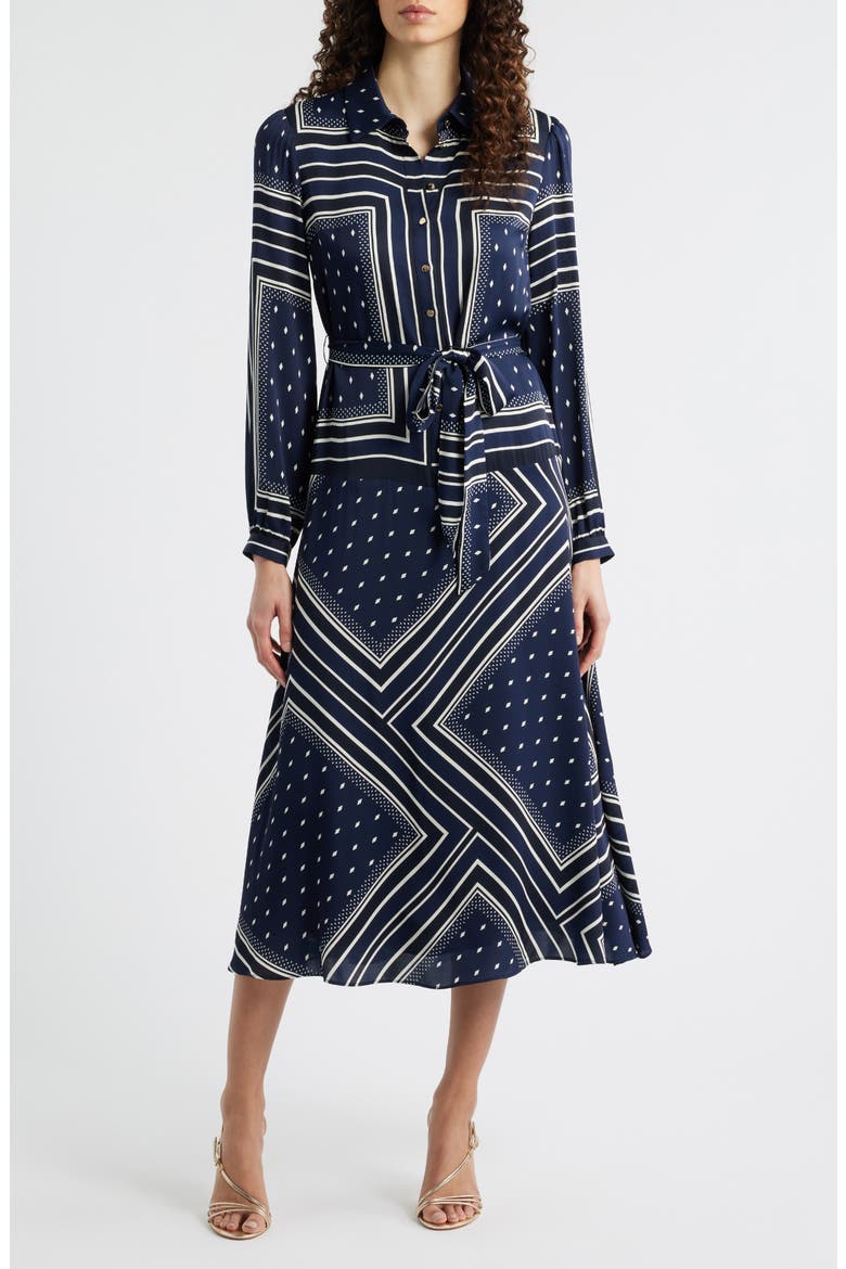 The Hollie Diamond Rain Print Long Sleeve Silk Blend Midi Shirtdress