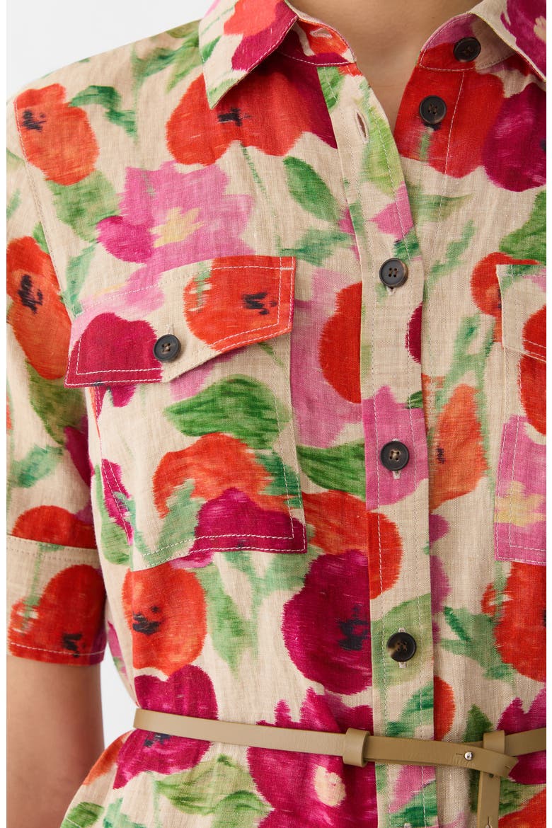 Blossom Print Belted Organic Linen Shirtdress